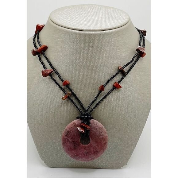 Rhodochrosite Necklace Purple Natural Stone Donut Pendant Black Beaded Chain - Picture 9 of 9